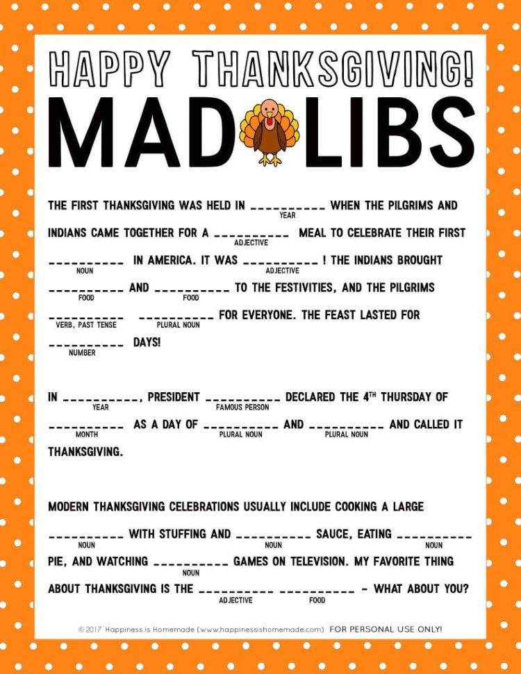 Thanksgiving Mad Libs Printable Game Happiness Is Homemade